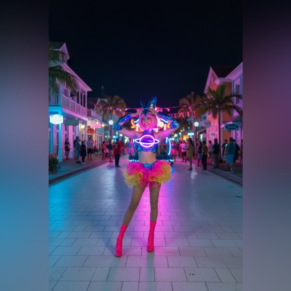 Holographic LED Light Up Planet Crop Pink, Blue Yellow Tulle Tutu Mini Dress Set - Picture 3 of 8